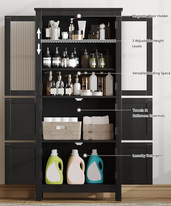 Akxomel 53.1" Tall Bathroom Cabinet 6 Doors Linen Floor Storage Cabinet | Bathroom Floor Cabinet with Adjustable Shelf, Pantry Cabinet for Living Room, Kitchen, Entryway, Black