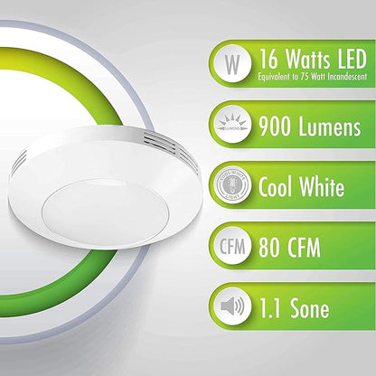 Homewerks 7117-01-WH Bathroom Integrated LED Light Ceiling Mount Exhaust Ventilation 1.1 Sones 80 CFM, Bath Fan White