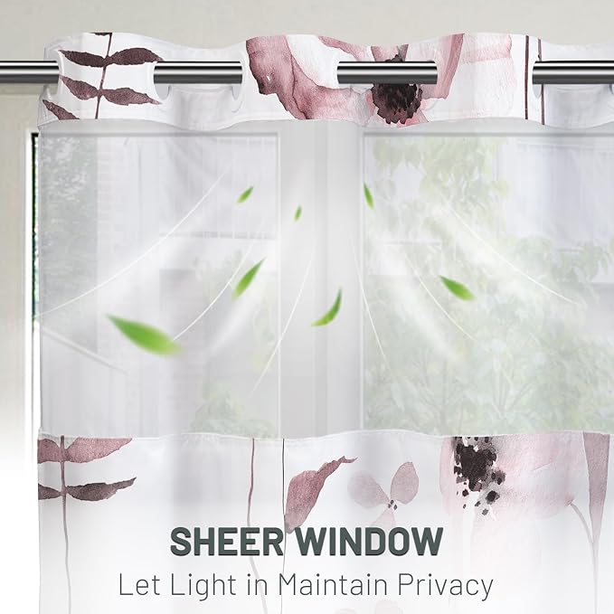 No Hook Floral Shower Curtain with Liner, Burgundy, 71x74 | Snap in Liner, 3 in 1, Water Repellent, Easy Install, Machine Washable, Hotel Style for Bathroom, Watercolor Pattern