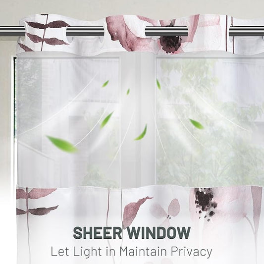 No Hook Floral Shower Curtain with Liner, Burgundy, 71x74 | Snap in Liner, 3 in 1, Water Repellent, Easy Install, Machine Washable, Hotel Style for Bathroom, Watercolor Pattern