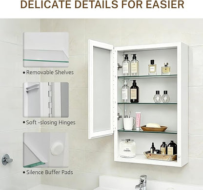 16x26 inch Bathroom Medicine Cabinet with Mirror, Platstic Framed Beveled Edge Mirror Cabinet with Removable Shelves, Extra Storage Space, Recessed or Surface Mount