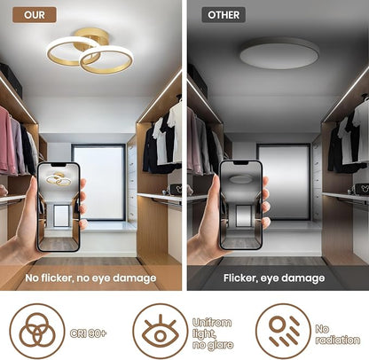 CANEOE Round Modern Led Ceiling Light Fixtures, 6000K Cool White Hallway Light Fixtures Ceiling, Bathroom Close to Ceiling Lights for Corridor Stair Aisle Lamps (Gold, 2 Packs)