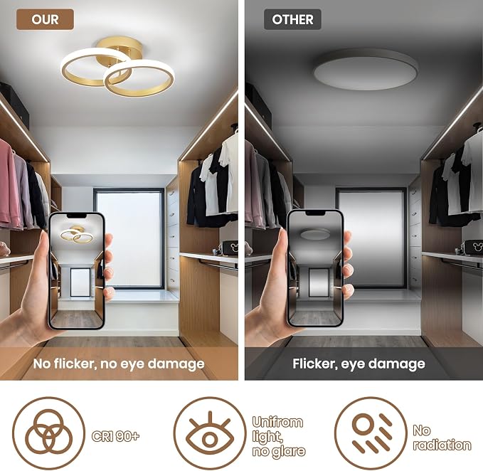 CANEOE Round Modern Led Ceiling Light Fixtures, 6000K Cool White Hallway Light Fixtures Ceiling, Gold Close to Ceiling Lights for Bathroom Corridor Stair Aisle Lamps (Gold, 1 Pack)