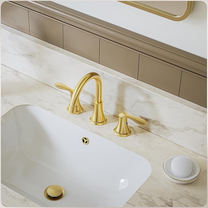 Phiestina Brushed Gold Widespread 8 Inch 3 Holes Bathroom Faucet 2 Pack,2 Handles Modern Bathroom Sink Faucet with Metal Pop-Up Drain & Water Supply Line, WFTY36-BG-2PACK