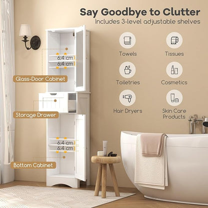 COSTWAY 67” Tall Bathroom Storage Cabinet, Freestanding Floor Cabinet with 2 Doors & 1 Drawer, 3-Level Adjustable Shelves, Narrow Slim Linen Tower for Bathroom, Living Room, Kitchen (White)
