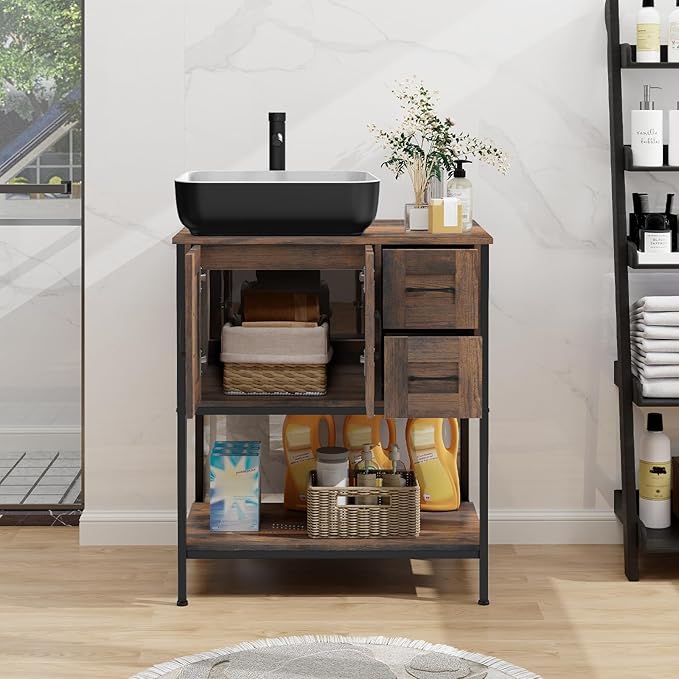 YOURLITE Bathroom Vanity, 30" Rustic Brown Bathroom Vanity with Sink Combo Set, Farmhouse Modern Wood Bathroom Cabinet with Black Ceramic Vessel Sink