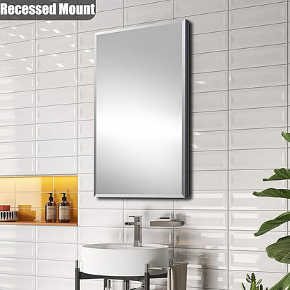 Fundin Medicine Cabinet 14 x 24 inches Mirror Size, Recessed or Surface Mount, Black Aluminum Bathroom Wall Cabinet with Mirror and Adjustable Shelves.