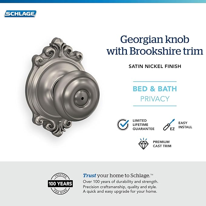 Schlage F40 GEO 619 BRK Georgian Door Knob with Brookshire Trim, Bed & Bath Privacy Lock, Satin Nickel