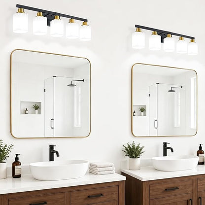 5-Light Black and Gold Vanity Light,Bathroom Lighting Fixtures,30" | Bathroom Light for Mirror with Square Frosted Glass,Modern Wall Sconces fixtures over Sink Restroom,Living Room Hallway