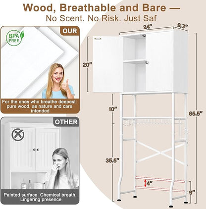 Over-The-Toilet Storage Rack, 4-Tier Bathroom Organizer Shelf Over Toilet with Barn Doors Cabinet and Basket, Freestanding Space Saver Wooden Bathroom Shelves with Paper Holder Above Toilet (White)