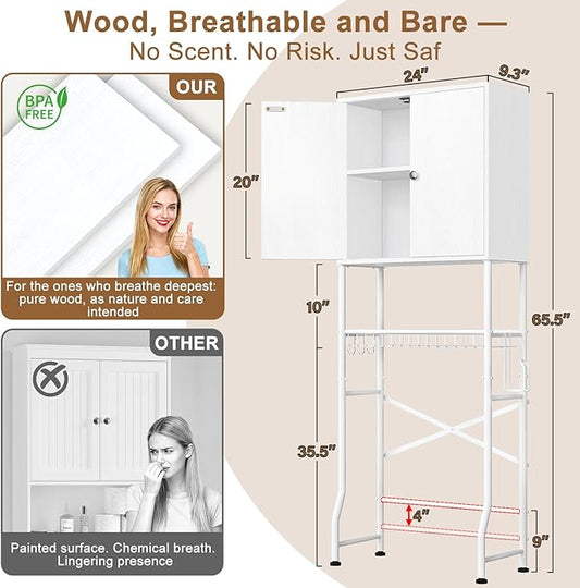 Over-The-Toilet Storage Rack, 4-Tier Bathroom Organizer Shelf Over Toilet with Barn Doors Cabinet and Basket, Freestanding Space Saver Wooden Bathroom Shelves with Paper Holder Above Toilet (White)