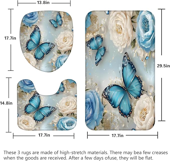 Chrainy 4pcs Rose Butterflies Shower Cutain Set Bathroom Decor with Rugs | Floral Bath Accessories with Waterproof Curtain, Bath Mat, Toilet Lid Cover, U-Shaped Rug and 12 Hooks for Washroom, 71*71in