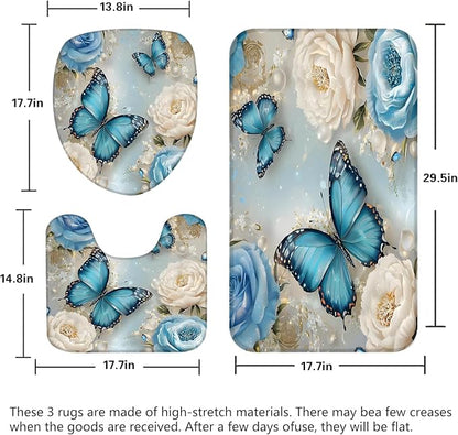 Chrainy 4pcs Rose Butterflies Shower Cutain Set Bathroom Decor with Rugs | Floral Bath Accessories with Waterproof Curtain, Bath Mat, Toilet Lid Cover, U-Shaped Rug and 12 Hooks for Washroom, 71*71in