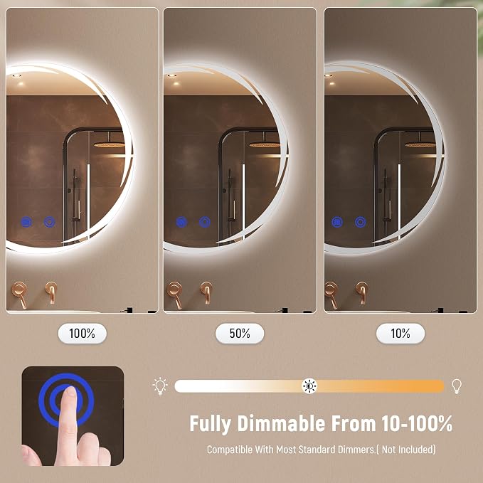 32“ x 32” LED Bathroom Smart Mirror- Anti-Fog, Round Mirror with Three Color Light Temperature Brightness Settings,Backlit + Front Lit,Wall-Mounted Vanity Mirror with Memory Function