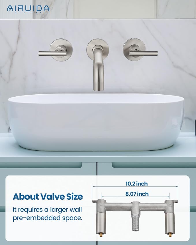 Airuida Wall Mounted Bathroom Sink Faucet,Brushed Nickel Vanity Sink Faucet | Lever Handle,3 Holes,360° Widespread Swivel Spout,Rotatable Bathroom Faucet