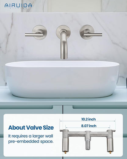 Airuida Wall Mounted Bathroom Sink Faucet,Brushed Nickel Vanity Sink Faucet | Lever Handle,3 Holes,360° Widespread Swivel Spout,Rotatable Bathroom Faucet
