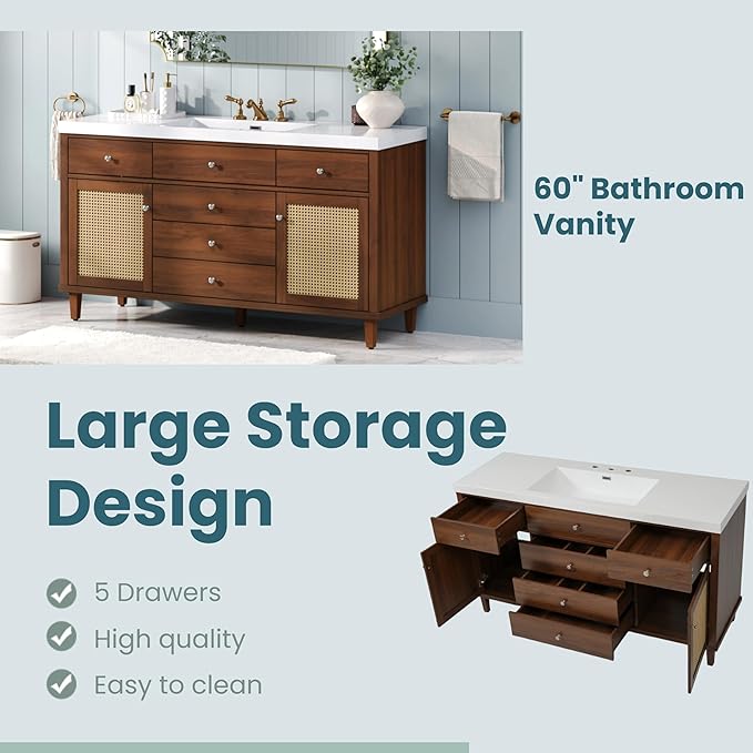 60 Inch Brown Bathroom Vanity with Single Sink,Large Rattan Bathroom Vanity with Spacious Countertop & Deep SMC Sink,with 5 Drawers & 2 Soft Closing Doors,Silver Knobs,Woven Front,8 in Faucet Hole