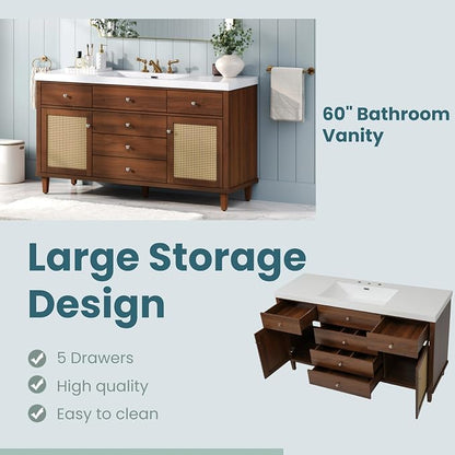 60 in Farmhouse Bathroom Vanity with Single Sink, Solid Wood& MDF Bathroom Sink Cabinet with 5 Drawers & 2 Soft-Closing Door,Freestanding