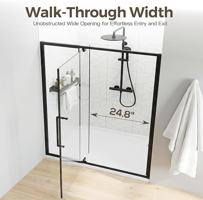 56-60" W x 72" H Semi-Frameless Pivot Swing Shower Doors | 1/4" (6mm) Clear SGCC Tempered Glass with a 24.8" walk-in opening, Matte Black Finish, Reversible, Magnetic Closing