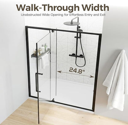 56-60" W x 72" H Semi-Frameless Pivot Swing Shower Doors | 1/4" (6mm) Clear SGCC Tempered Glass with a 24.8" walk-in opening, Matte Black Finish, Reversible, Magnetic Closing
