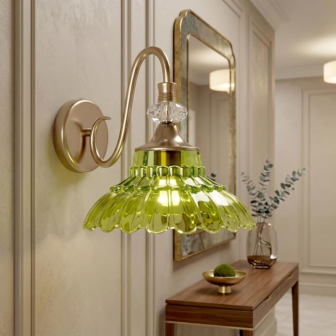 1-Light Copper Vintage Vanity Light with Green Crystal Glass Shade | Wall Sconce Fixtures Bathroom Wall Lamp for Mirror Bathroom Kitchen Living Room Porch Vanity Bedroom