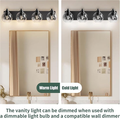 Bathroom Light Fixtures-Matte Black Vanity Lights for Bathroom, Modern Black Vanity Lights 4-Light Bathrooms Lighting Fixtures Over Mirror with Clear Glass Shade