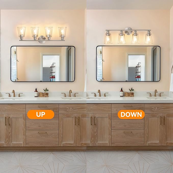 TALOYA 27 Inch Brushed Nickel Bathroom Light Fixtures with Thickend Clear Tapered Glass Shade, 4-Light Modern Vanity Light Over Mirror for Bathrooms, Bedrooms (Bulbs Not Included)