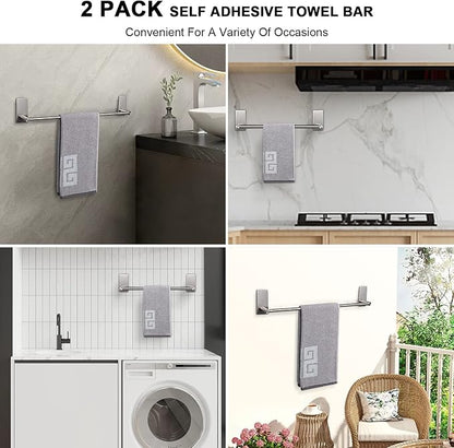 NearMoon Self Adhesive Bathroom Towel Bar- Stainless Steel Bath Wall Shelf Rack Hanging Towel Stick On Sticky Hanger Contemporary Style, NO Drilling (2 Pack, Brushed Nickel, 16-Inch Towel Rack)