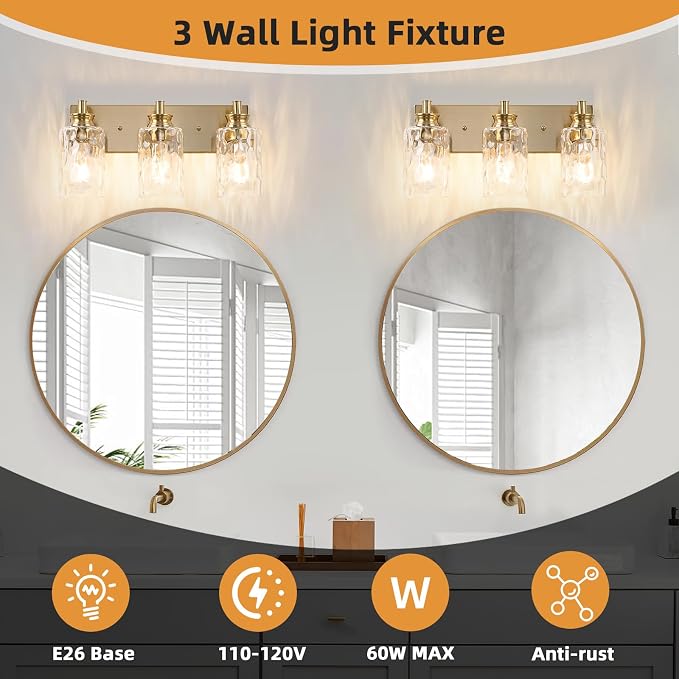 3 Light Bathroom Vanity Light Modern Brushed Gold Bathroom Light Fixtures Over Mirror with Hammered Glass Lampshade for Kitchen Hallway