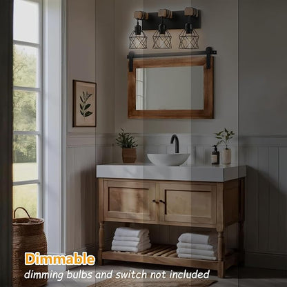 Farmhouse Vanity Light Fixture,3-Light Bathroom Lighting,Black Industrial Wood Wall Light Over Mirror with Metal Shade,Bulbs NOT Included