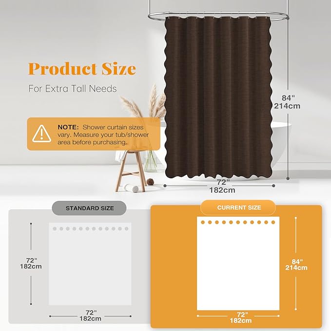 BTTN 72x84 Shower Curtain, Extra Long Scalloped Linen Textured Boho Fancy Cloth Shower Curtain Set with Hooks, Large Unique Elegant Decorative Waterproof Fabric Shower Curtains for Bathroom, Brown