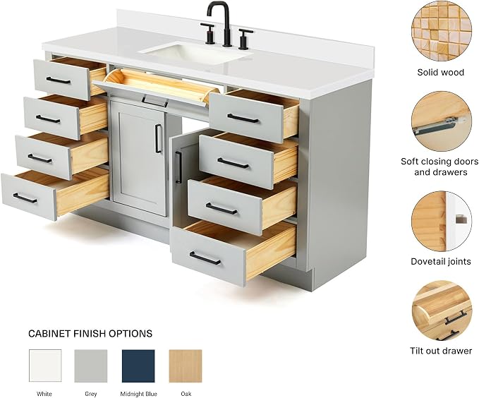 ARIEL Hepburn 60-inch Bathroom Vanity with Sink,Solid Wood, 1.5-inch Pure White Quartz Countertop & Backsplash, Single Rectangular Porcelain Sink, 2 Soft Closing Doors, 9 Dovetail Drawers, Grey