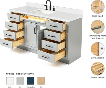 ARIEL Hepburn 60-inch Bathroom Vanity with Sink,Solid Wood, 1.5-inch Pure White Quartz Countertop & Backsplash, Single Rectangular Porcelain Sink, 2 Soft Closing Doors, 9 Dovetail Drawers, Grey