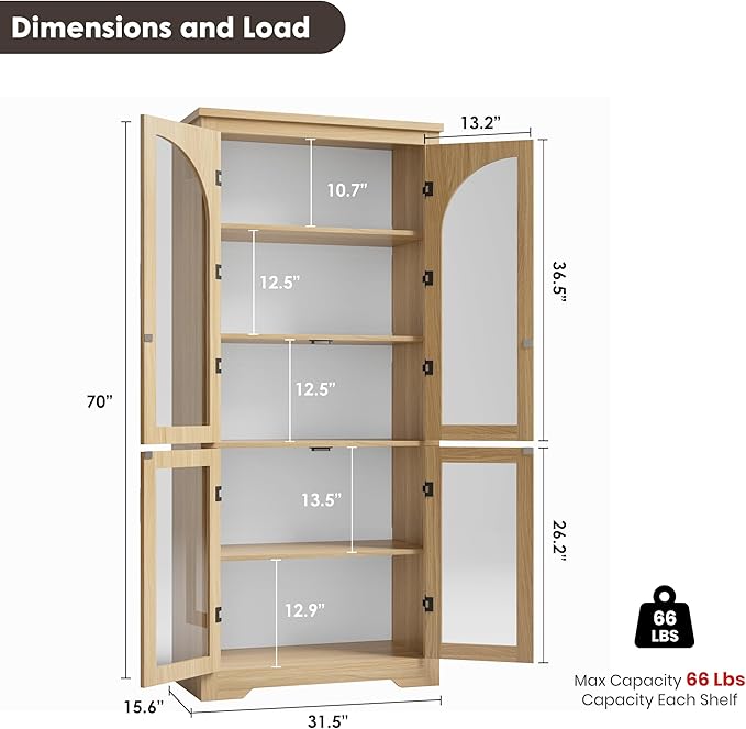 Garvee 70" Tall Kitchen Pantry Cabinet - Modern Display Cabinet with 4 Arched Glass Doors and Adjustable Shelves, Versatile Cupboard Organizers for Kitchen, Dining Room, Living Room, Bathroom, Natural
