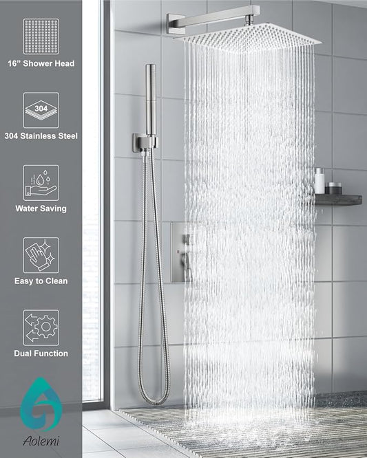 Aolemi Shower System with Rain Head and Handheld,16-Inch,Brushed Nickel | High-Pressure Shower Faucet Set with Dual-Function Handheld,Rough-In Valve,1.8 GPM,Wall-Mount Trim Kit