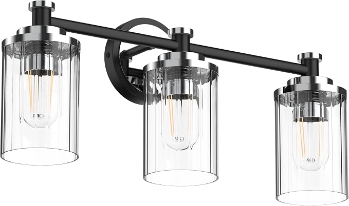 Bathroom Lighting Fixtures Black and Chrome Bathroom Vanity Light with Cylindrical Clear Stripes Glass Lampshade E26 Socket Base Bathroom Lighting Fixtures Over Mirror (3 Lights)