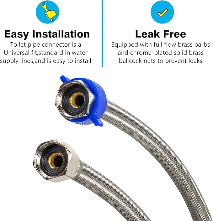 Toilet Connector, 20-Inch Stainless Steel Braided Hose with 1/2" Inch Ballcock Nuts, 1/2" Inch Compression