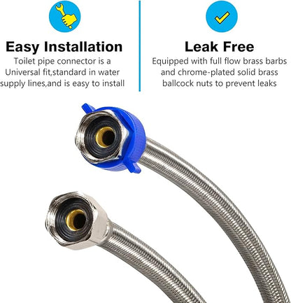 Toilet Connector, 20-Inch Stainless Steel Braided Hose with 1/2" Inch Ballcock Nuts, 1/2" Inch Compression