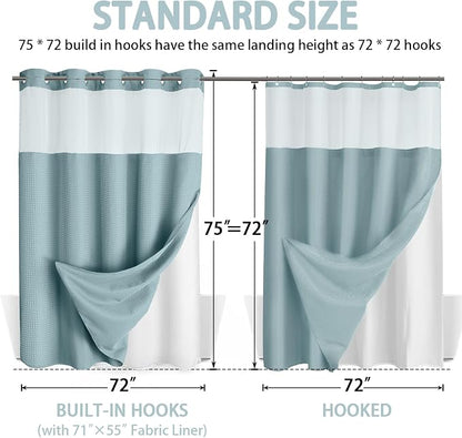 No Hook Shower Curtain and Liner Set,Cyan Hotel Waffle Shower Curtain with Liner 75" L x 72" W