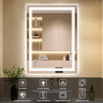 36"x44" LED Bathroom Mirror with Lights, Anti-Fog, Backlit + Front Lit, Dimmable, Led Vanity Mirror for Wall, Lighted Bathroom Mirror, 14 Colors, Shatter-Proof Tempered Glass