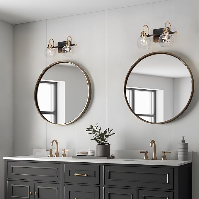 KSANA Black Gold Vanity Light, Modern 2-Light Bathroom Light Fixture with Clear Glass Globes, Electroplating Brass 14.5”L Vanity Lighting Over Mirror