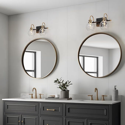 KSANA Black Gold Vanity Light, Modern 2-Light Bathroom Light Fixture with Clear Glass Globes, Electroplating Brass 14.5”L Vanity Lighting Over Mirror