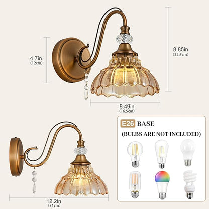 1 Piece Vintage Wall Sconce, 1-Light Matte Antique Brass Finish Wall Sconce with Hanging Crystal Accents and Flower-Shaped Amber Shades for Bathroom Bedroom Living Room,Vintage Vanity Light