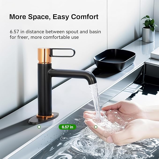Single Handle Bathroom Faucet for 1 or 3 Hole with Deck Plate, Durable Brass Body, Leak-Free Cartridge, Hot/Cold Water Mixer, Easy Install, Luxury Matte Black Sink Faucet Single Hole for Vessel Vanity