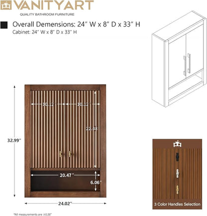 Vanity Art Walnut Vanity with Storage Cabinet & Shelves, Free-Standing Vanity with Soft-Closing Doors, Walnut, VA91-TC-Walnut-MB,Matte Black Handles