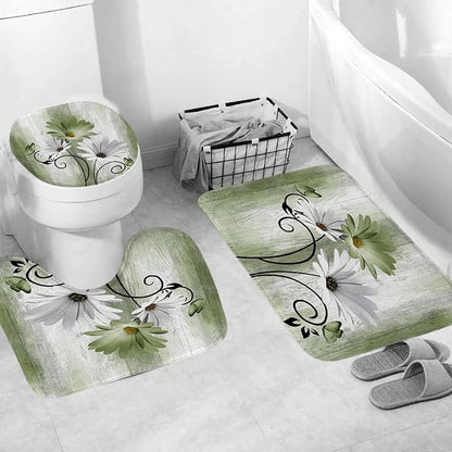 Onalasyc 4PCS Grass Green Daisy Bathroom Sets with Shower Curtain and Rugs | Country Floral Butterfly Shower Curtain Set,Modern Bathroom Decor Shower Curtains Set with Rugs Toilet Lid Cover and 12 Hooks