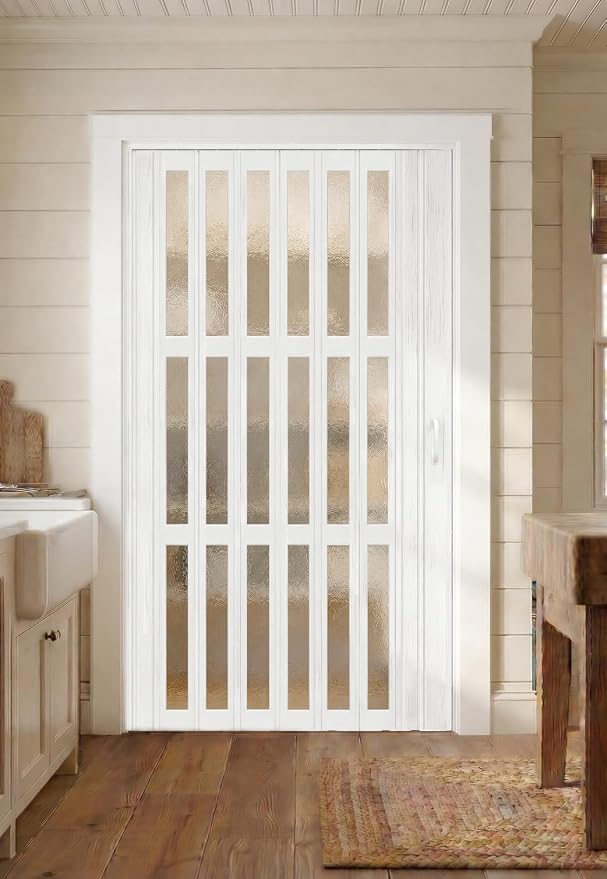 SmartStandard 48" x 80" Accordion Doors with Frosted Acrylic Glass, White | Save Space, Full-Side Magnetic Strip, Double-Layer PVC Accordion Doors Interior for Doorway Closet, Easy to Assemble