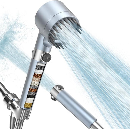 Filtered Shower Head with Handheld,High Pressure Shower Heads with Filters | ON/OFF Switch,4 Spray,Built-in Power Wash,Detachable Showerhead,Silicone Massage Brush,Blue,Water Softener
