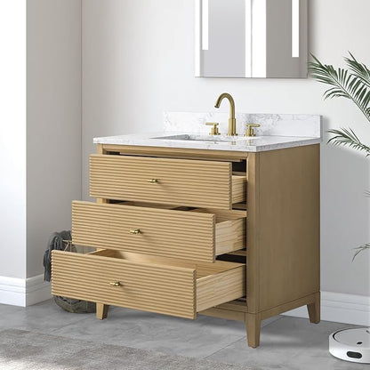 Vanity Art 36" Bathroom Vanity with Single Sink & Arabescato White Engineered Stone Top, Vanity Cabinet with Soft Closing Door, Solid Wood Frame, Golden Brushed Handles, Natural Oak VA8136-NO-GB