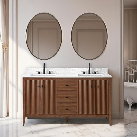 Vanity Art 60 inch Walnut Bathroom Vanity with Double Sink & Ceramic Top, Vanity Cabinet with Soft-Closing Door, Solid Wood Frame, Linear Pattern, Walnut, VA9160-DWalnut-MB,Matte Black Handles